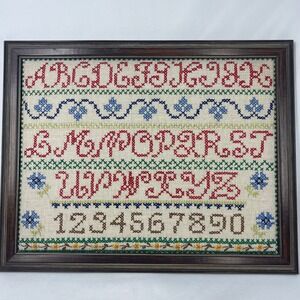 Vintage Alphabet Cross Stitch Sampler Framed Primitive Wall Decor 15x12